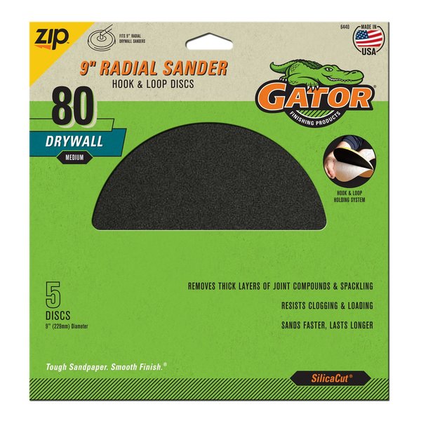 Gator Finishing 9" Zip SilicaCut Radial Drywall Sander Hook and Loop Discs, 80 Medium Grit 6440